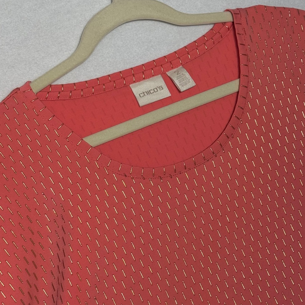 Chicos Coral Pink Gold Foil Dash Scoop Neck High Low Dolman SLV Top Size 2/US L